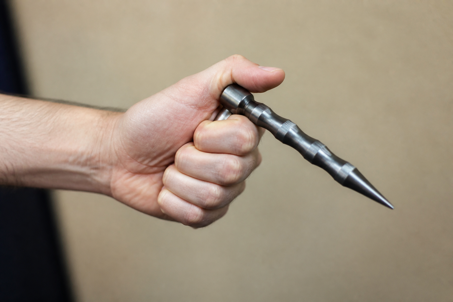 Close-up of a hand gripping a kubotan palm stick in a defensive ready position, neutral background