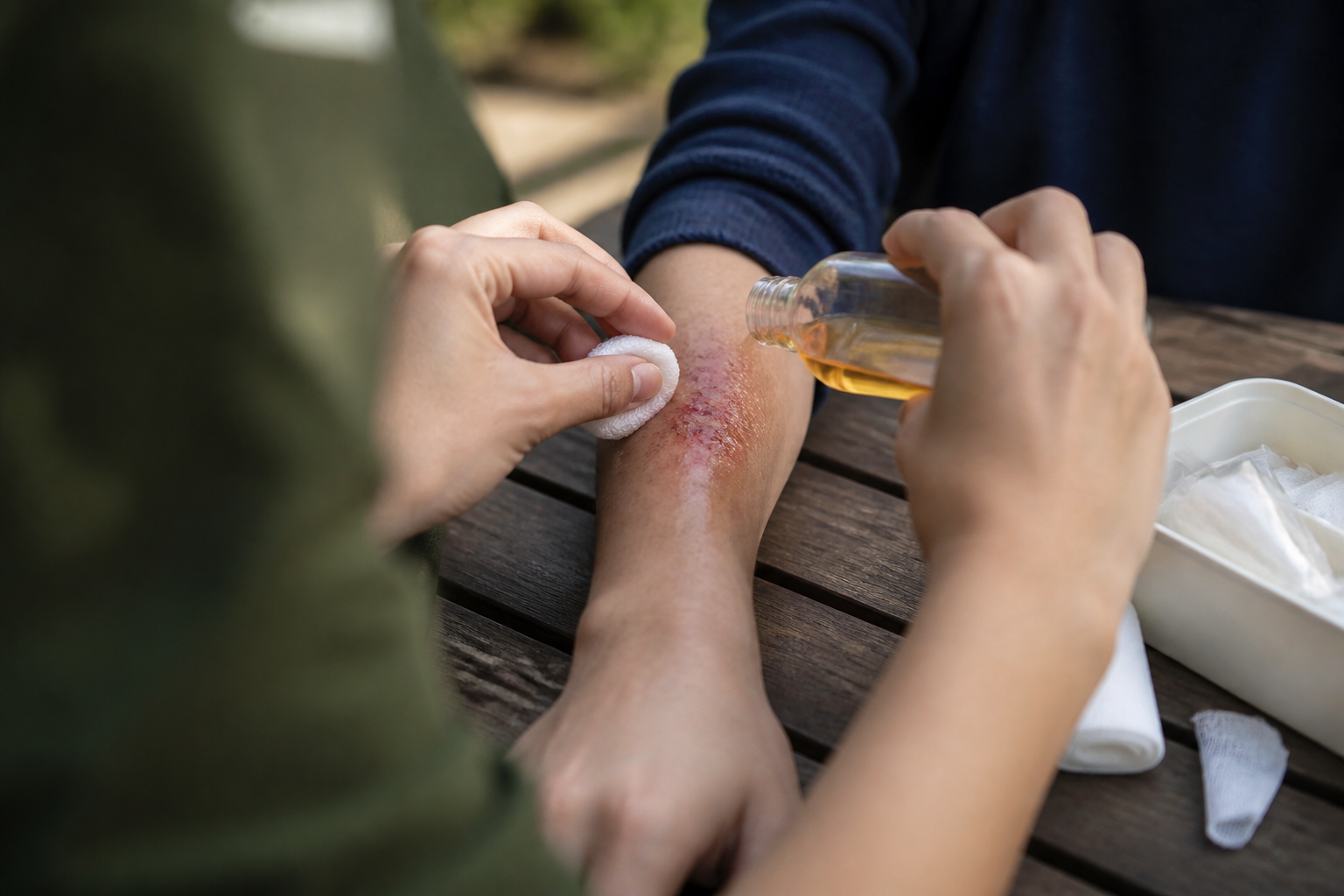 Close-up of hands carefully cleaning and dressing a wound with clean gauze and antiseptic solution on a wooden outdoor table