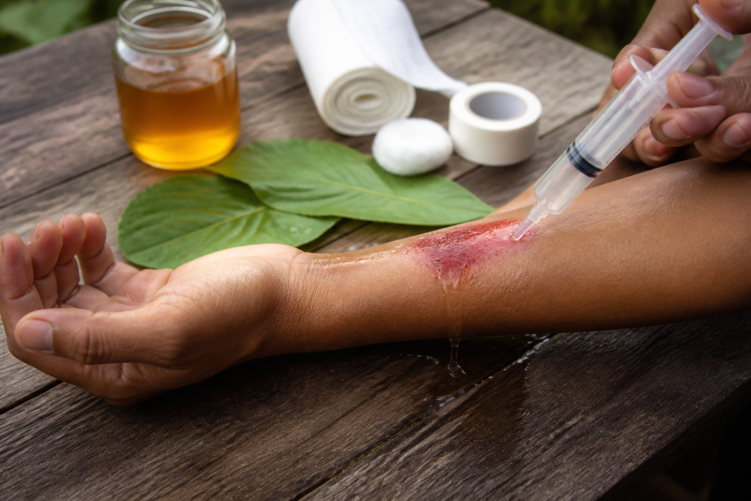 Clean wound being irrigated with saline using a syringe on a wooden table beside honey, plantain leaves, and basic first aid supplies