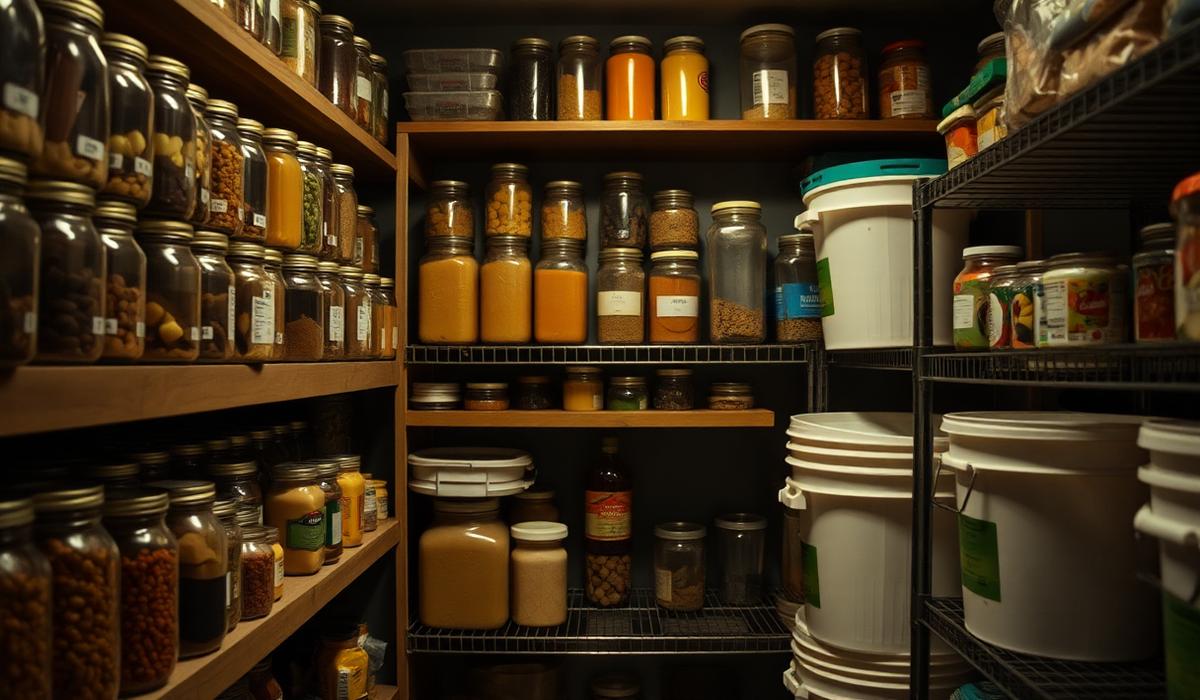 Long-term food storage supplies including rice, beans, sealed mylar bags and food-grade buckets on a pantry shelf