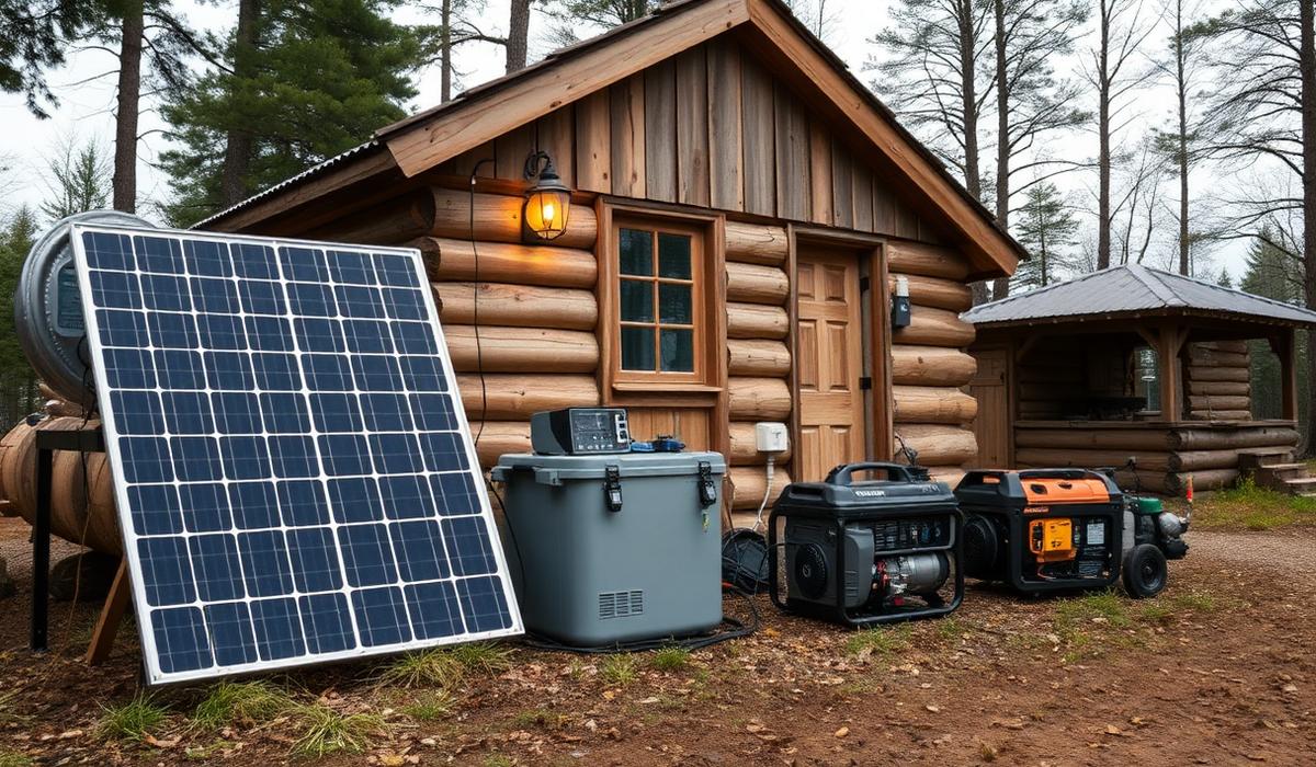 Off-grid backup power setup with rooftop solar panels, a lithium battery bank and a portable inverter generator
