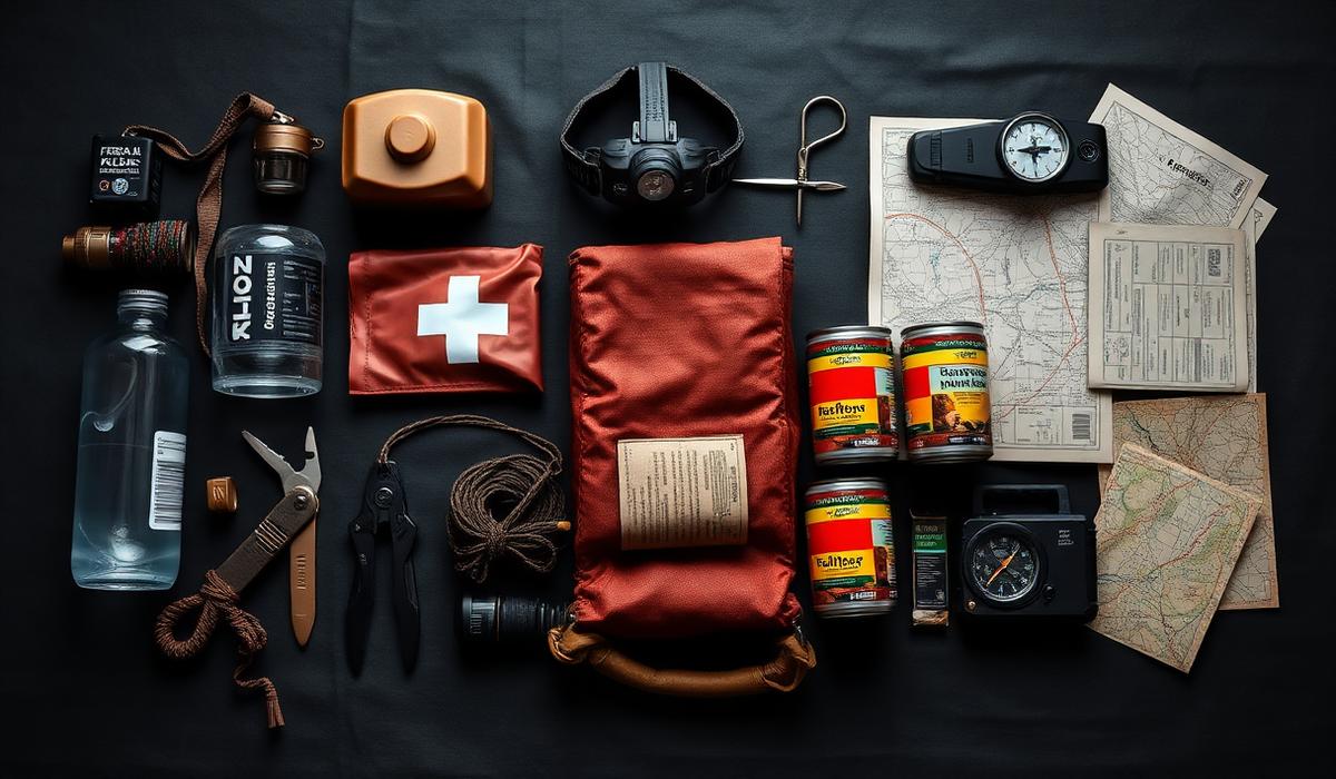 Complete survival kit checklist items laid out on dark canvas: water filter, headlamp, first aid kit, multi-tool, paracord, canned food, compass and topographic maps