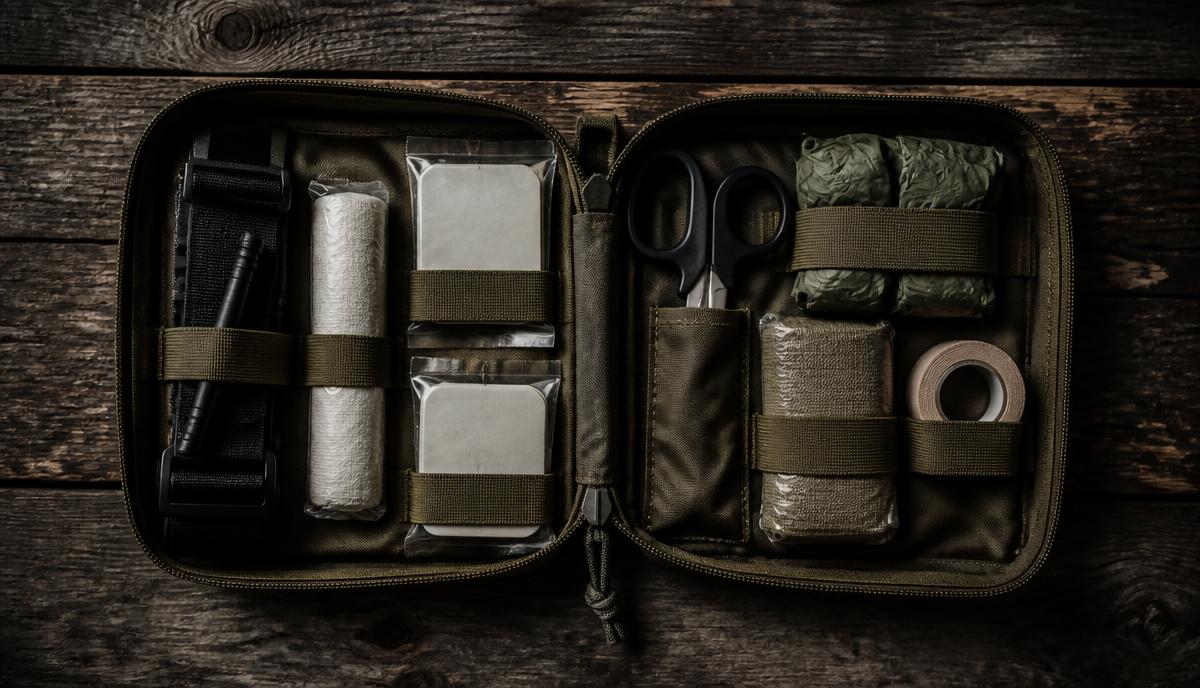 An open trauma kit laid out on a wooden table with a tourniquet, pressure dressing, chest seals, gauze and nitrile gloves