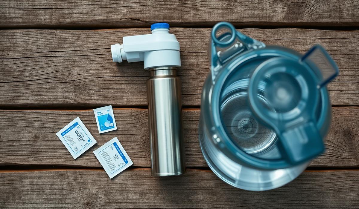 Emergency water storage containers, a portable water filter and purification supplies arranged on a wooden surface